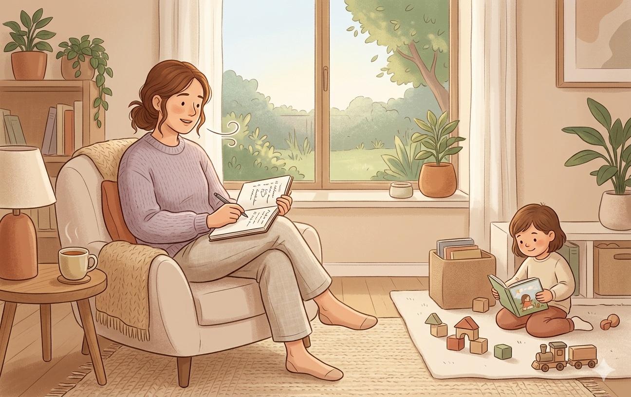 Madre escribiendo en un cuaderno mientras su hija lee en una sala tranquila.